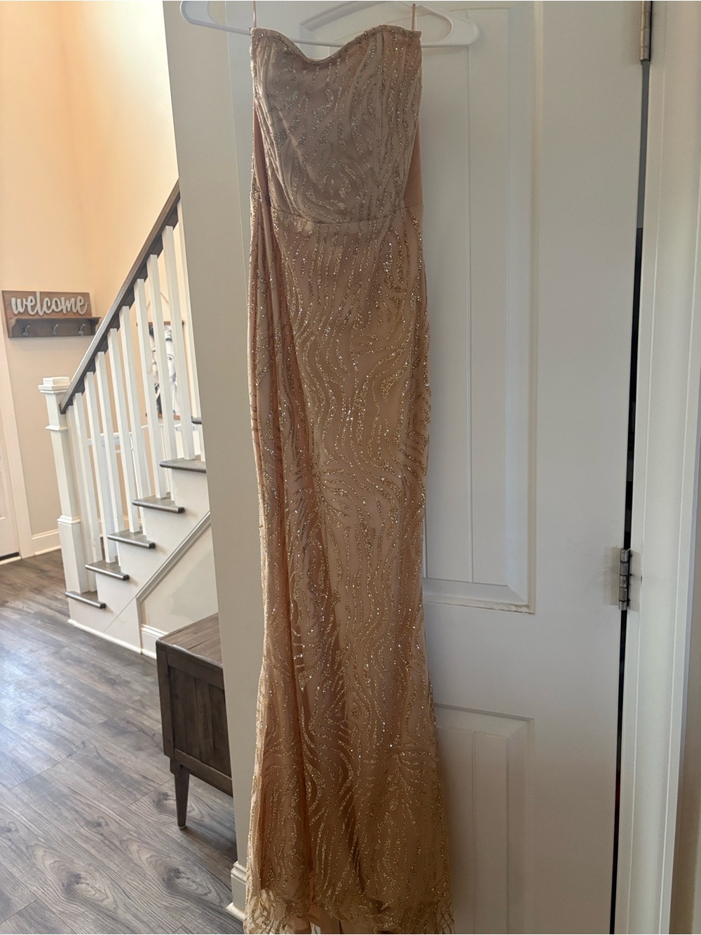 Luxxel Strapless Beaded Evening Gown in Champagne